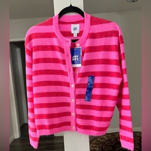 JoyLab Women’s Button-Up Cardigan Sweater In Neon Pink And Red Stripe.